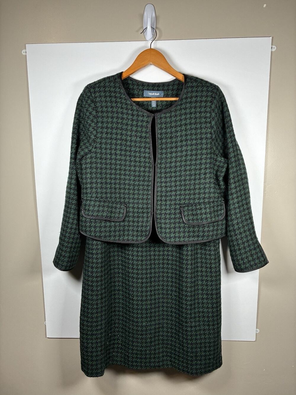 ModCloth 14 Dress L Jacket Set Forest Green Houndstooth Metallic Dark Academia